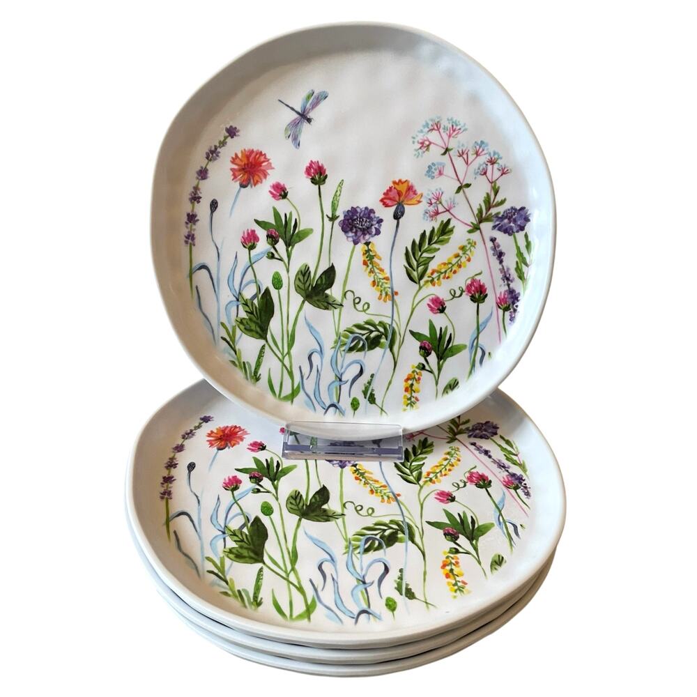 (4) Rachel Ashwell Farmhouse Spring Floral Dragonfly Melamine Salad Plates 8"